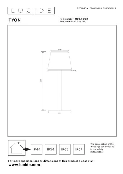 Lucide TYON - Lampe de table Rechargeable Intérieur/Extérieur - Batterie/Piles - Ø 15 cm - LED Dim. - 1x2W 2700K - IP65 - Or Mat / Laiton - technique